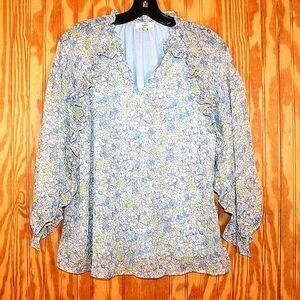 Entro Blue Floral Ruffle Blouse - Size S - Sheer